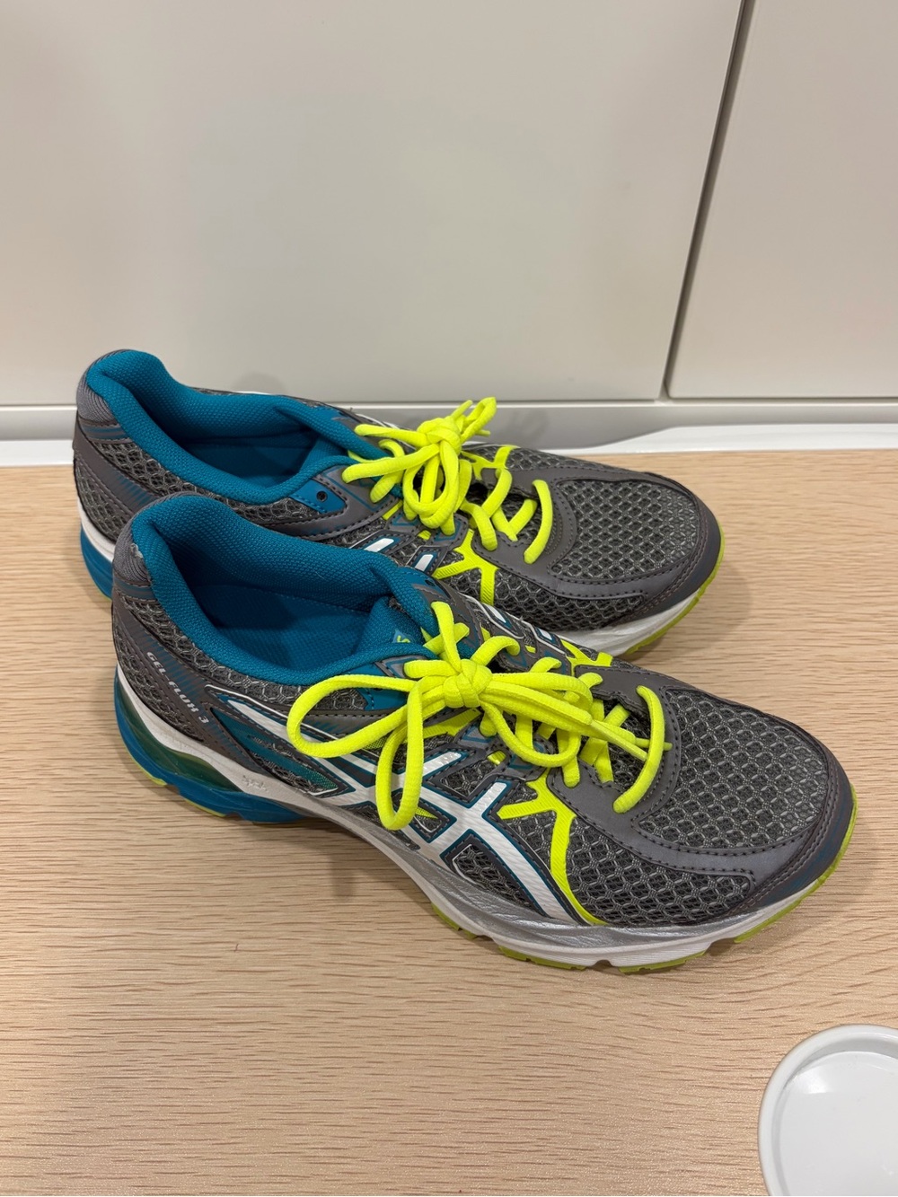Asics Gray Teal Running Sneakers with Neon Yellow Laces